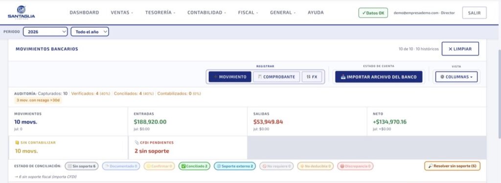 Pantalla de movimientos bancarios de Santaglia Compass con estados de conciliación